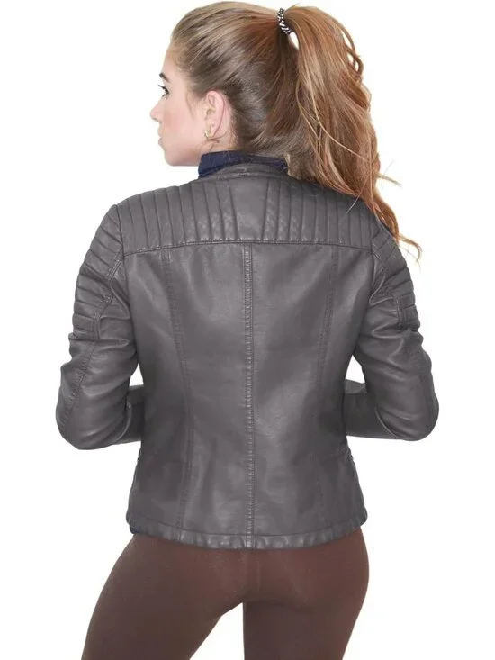 Women's Elegant Faux Leather Zip Up Moto Biker Jacket Zipper Long Sleeves Grey - Picture 4 of 6